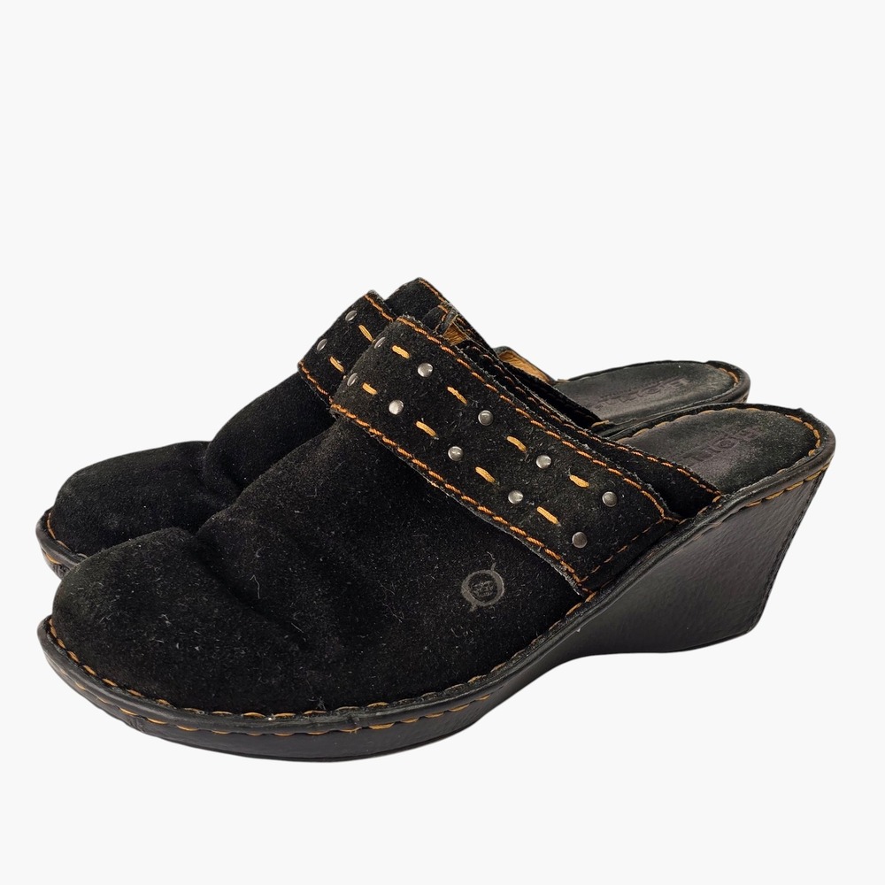 Born Suede Studded Wedge Mules Womens 10 Black Slip On Clogs Boho Comfort